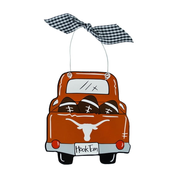 University of Texas Longhorns Wooden Ornament - Pick-up Truck, Footballs & Team Logo Design w/Plaid Ribbon by Magnolia Lane for Longhorns Fans, Students or Alumni - Home Decor