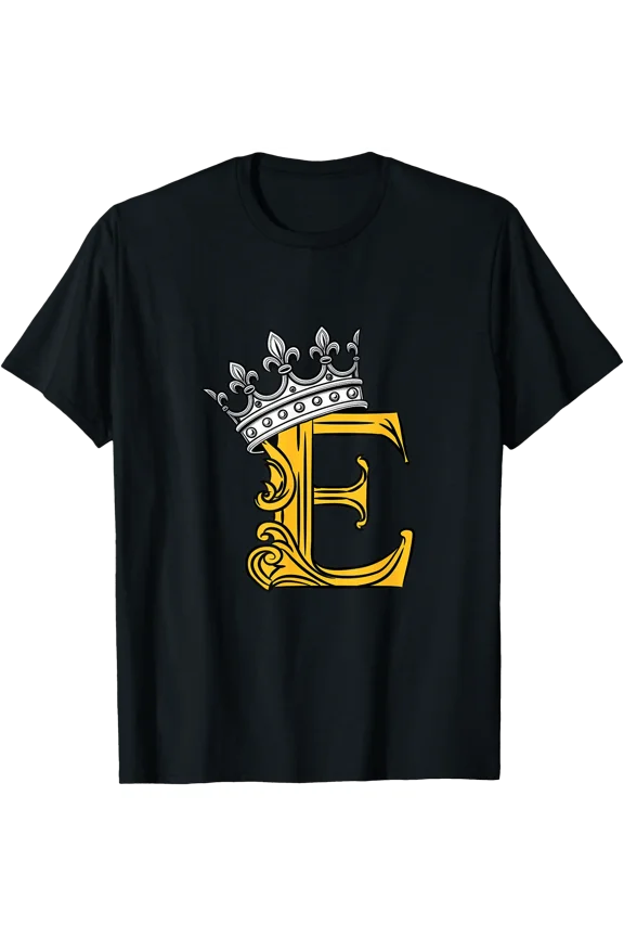 University Varsity-Gold Color Letter E Initial + Crown T-Shirt