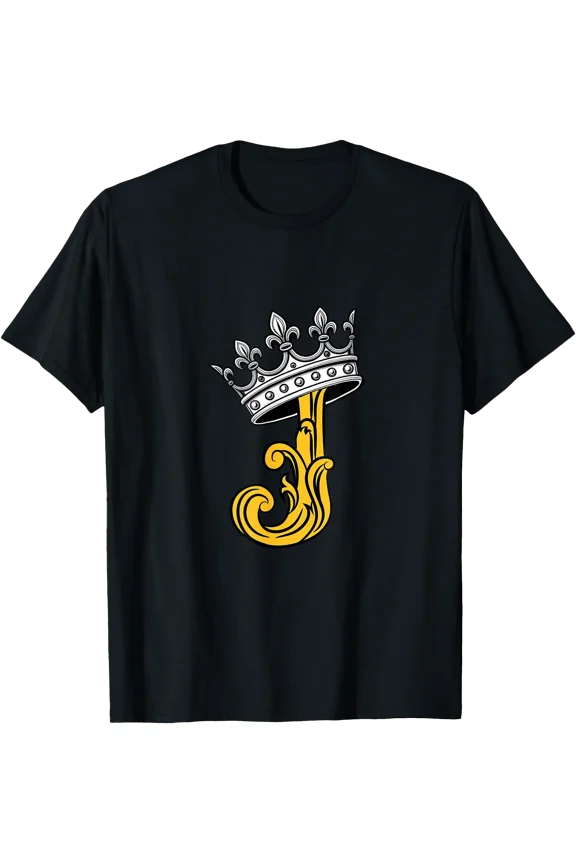 University Varsity-Gold Color Letter J Initial + Crown T-Shirt