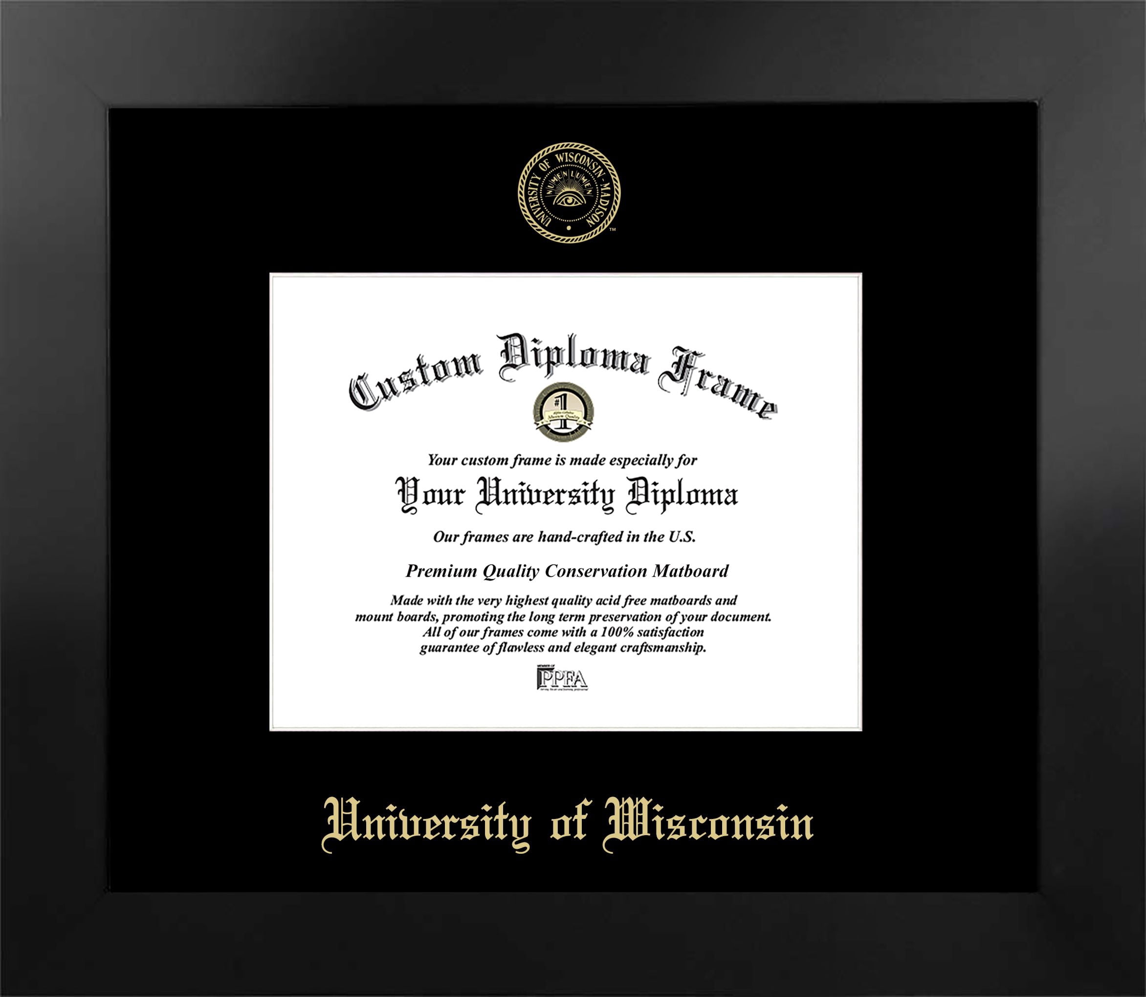 University of Wisconsin - Madison 8w x 6h Manhattan Black Single Mat Gold Embossed Diploma Frame with Bonus Campus Images Lithograph (value savings at $59)