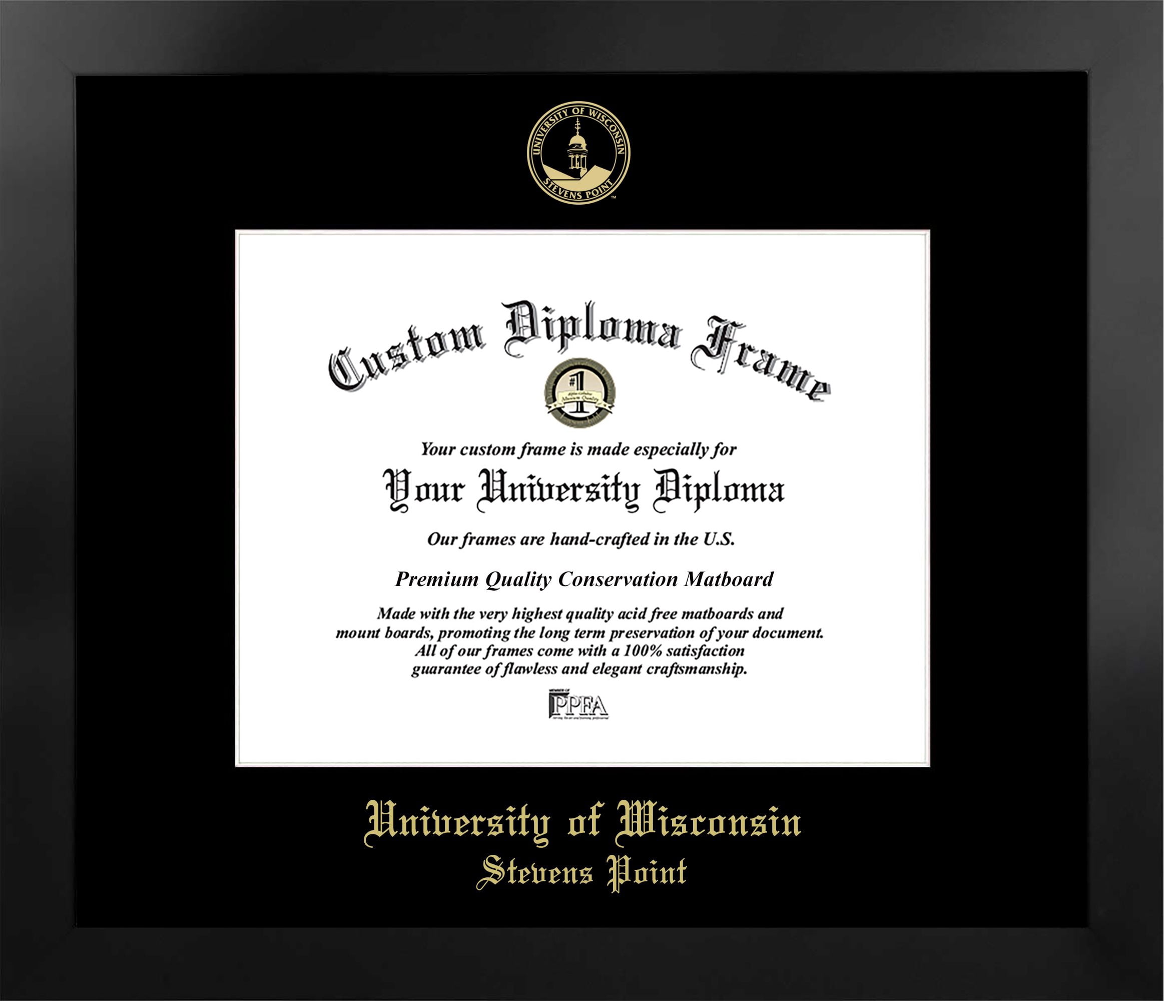 University of Wisconsin - Stevens Point 10w x 8h Manhattan Black Single Mat Gold Embossed Diploma Frame with Bonus Campus Images Lithograph (value savings at $59)