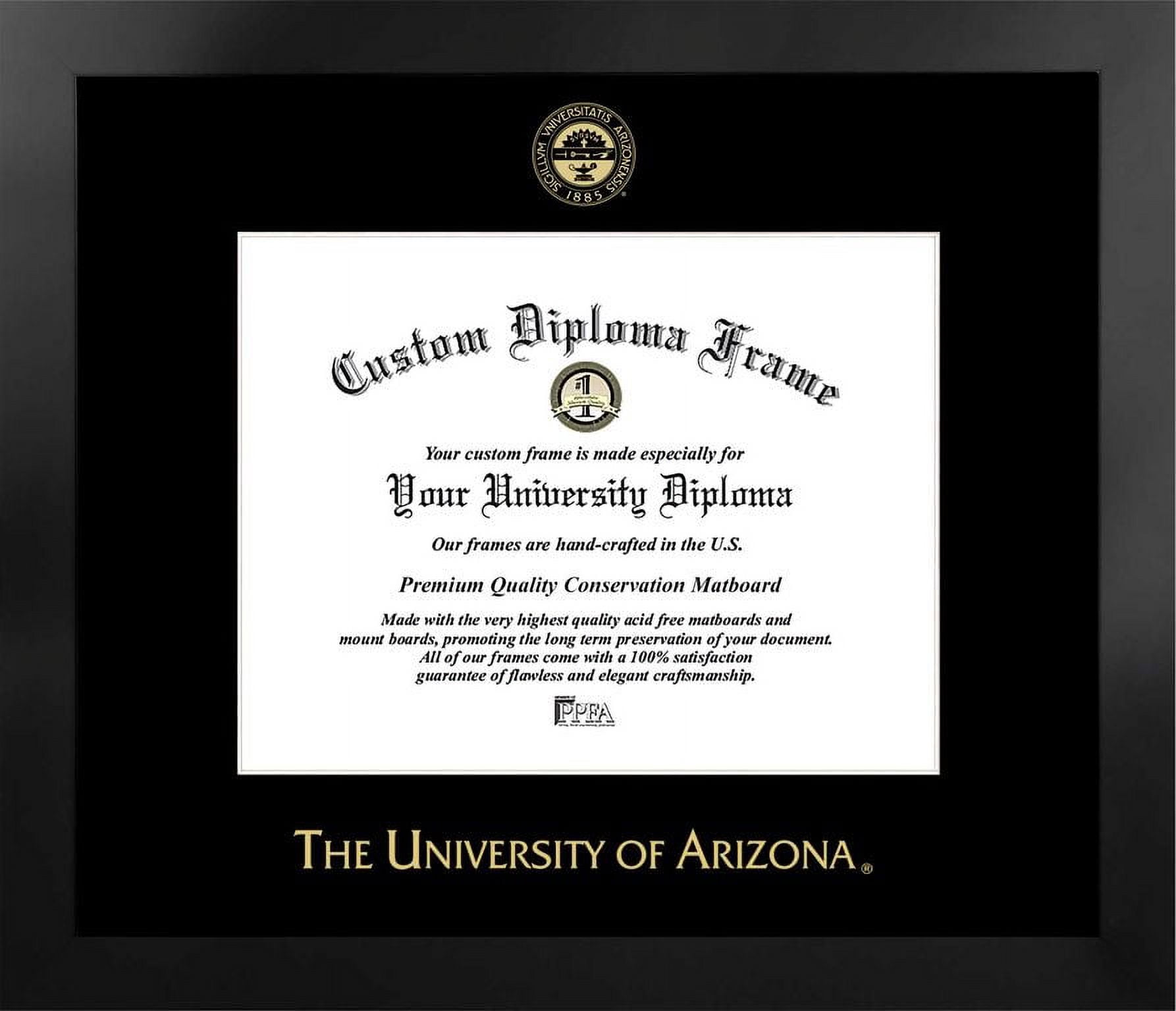 University of Arizona 11w x 8.5h Manhattan Black Single Mat Gold Embossed Diploma Frame with Bonus Campus Images Lithograph (value savings at $59)
