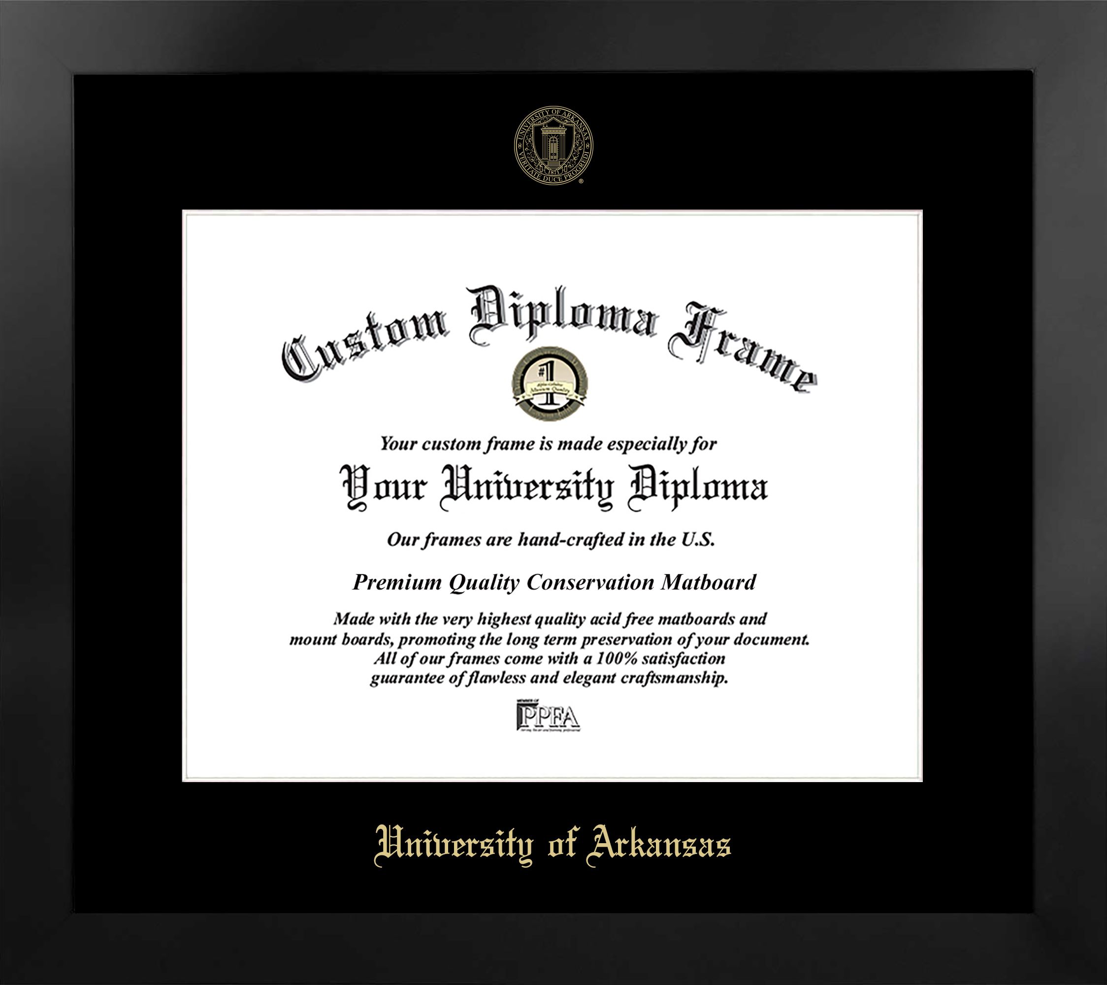 University of Arkansas 17w x 14h Manhattan Black Single Mat Gold Embossed Diploma Frame with Bonus Campus Images Lithograph (value savings at $59)