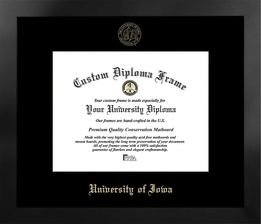 University of Iowa 11w x 8.5h Manhattan Black Single Mat Gold Embossed Diploma Frame with Bonus Campus Images Lithograph (value savings at $59)