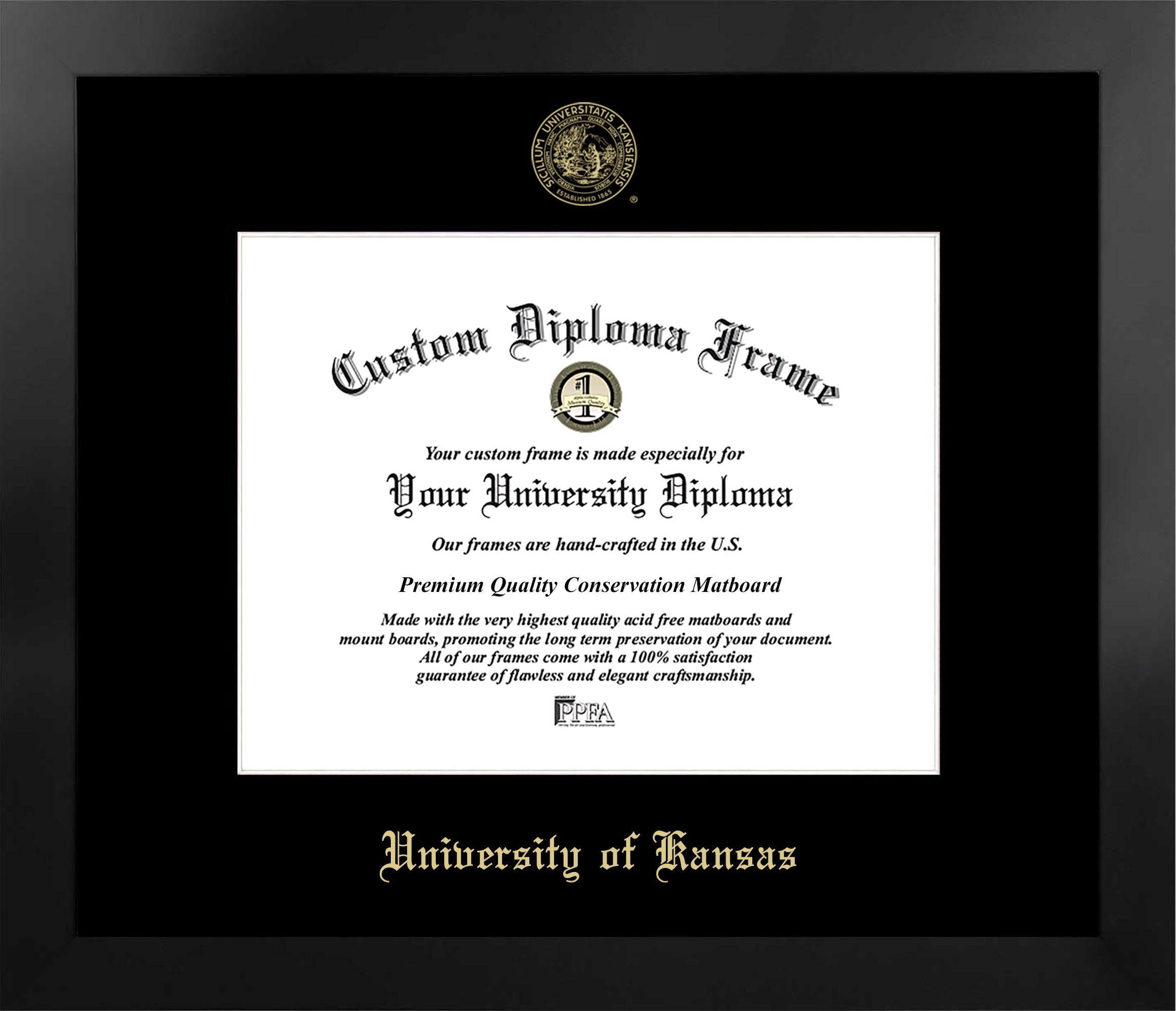 University of Kansas 11w x 8.5h Manhattan Black Single Mat Gold Embossed Diploma Frame with Bonus Campus Images Lithograph (value savings at $59)