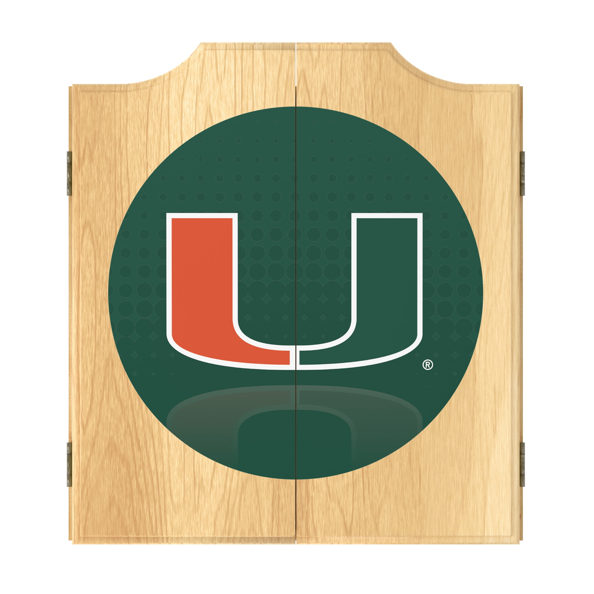 University of Miami Reflection Dart Board Cabinet Set with 6 Steel Tip Darts