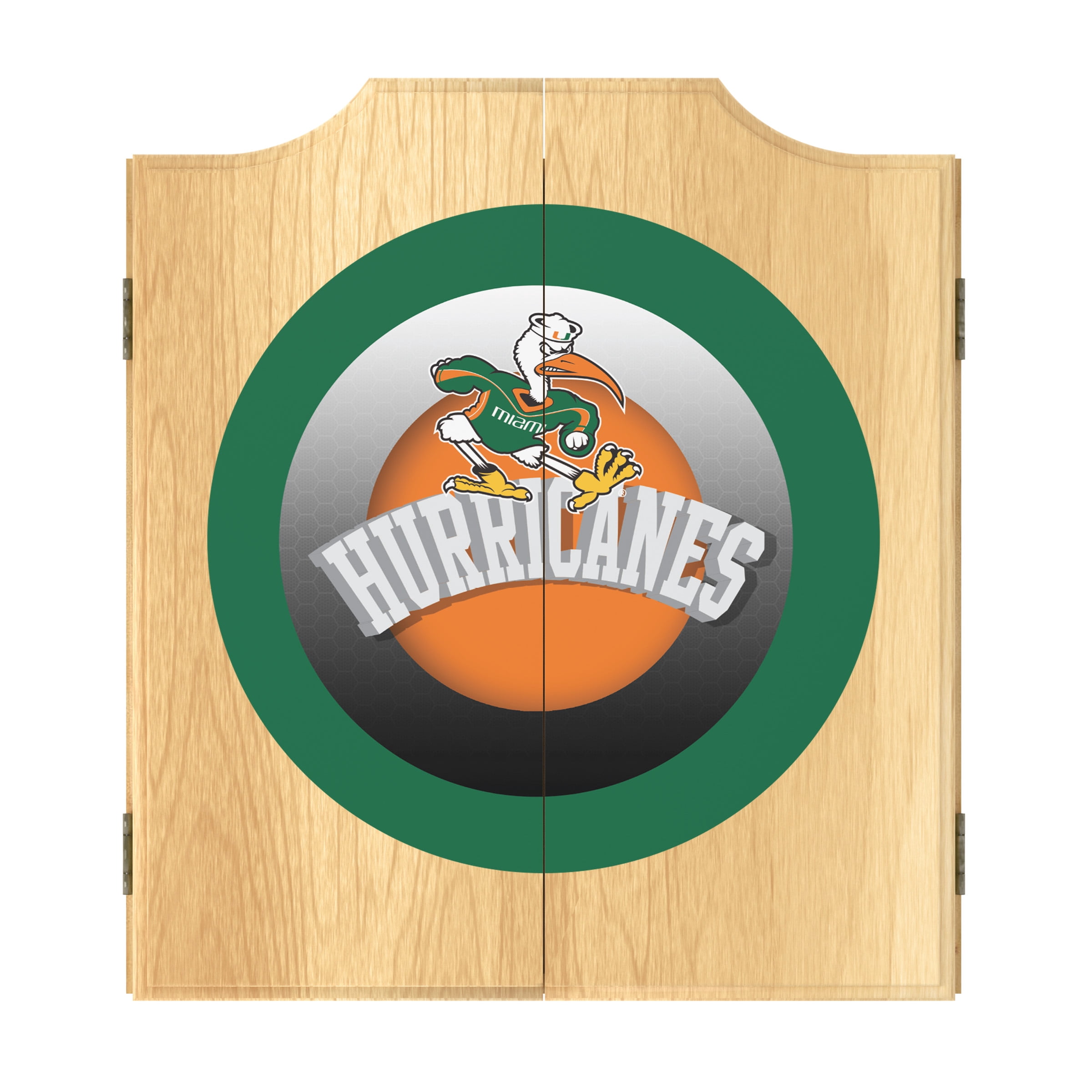 University of Miami Sebastian Honeycomb Dart Board Cabinet Set with 6 Steel Tip Darts