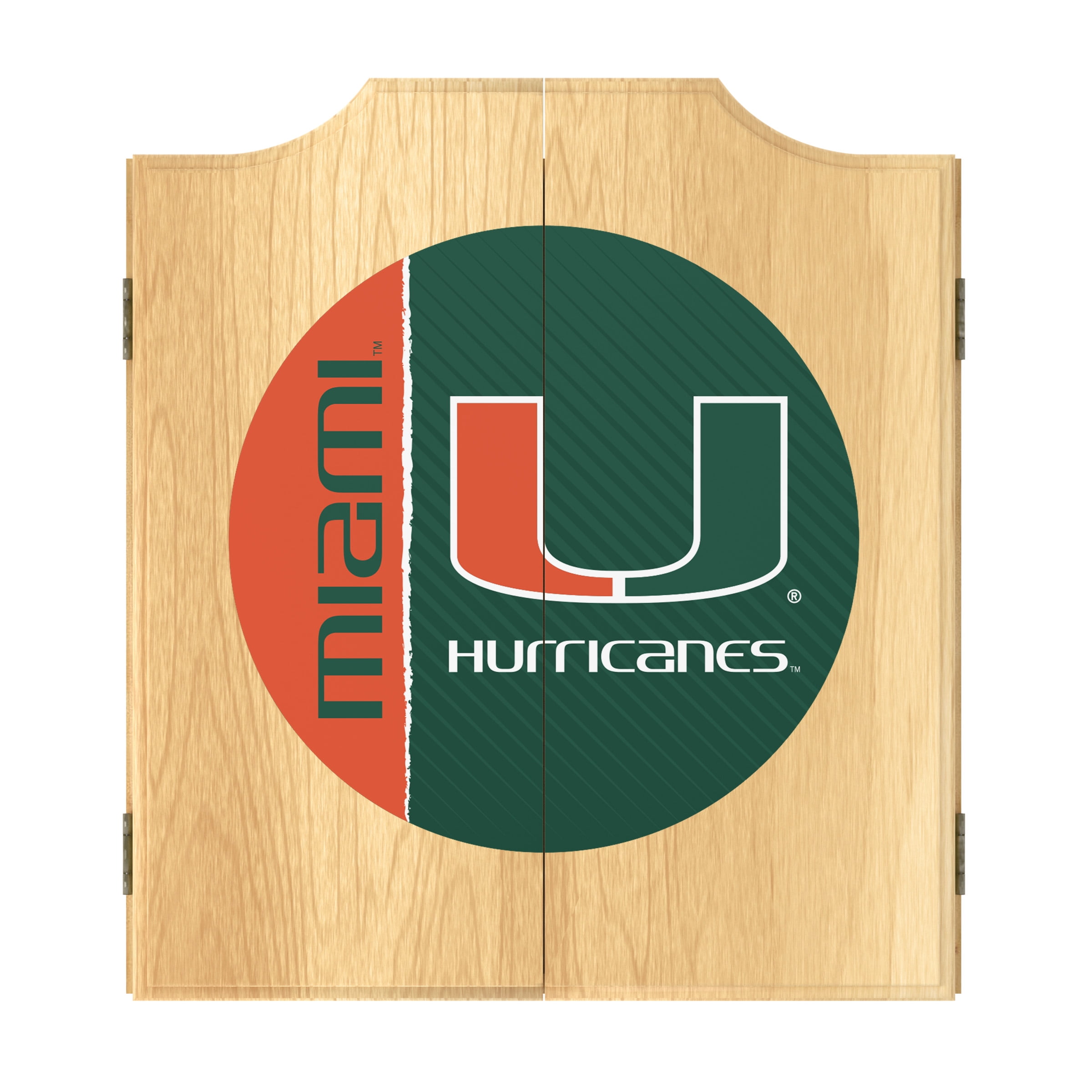 University of Miami Text Dart Board Cabinet Set with 6 Steel Tip Darts