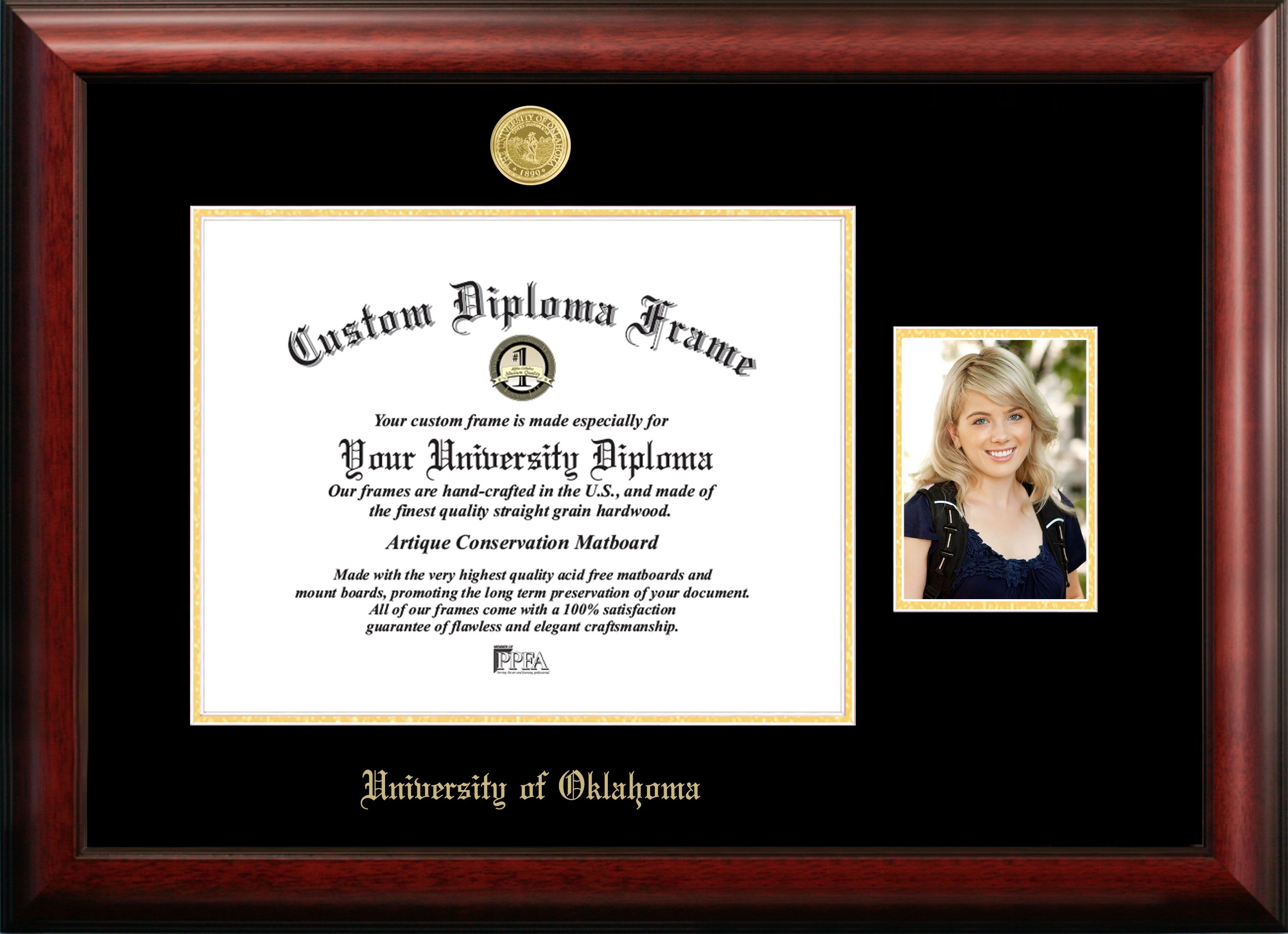 University of Oklahoma 17w x 14h Gold Embossed Diploma Frame with 5 x7 Portrait