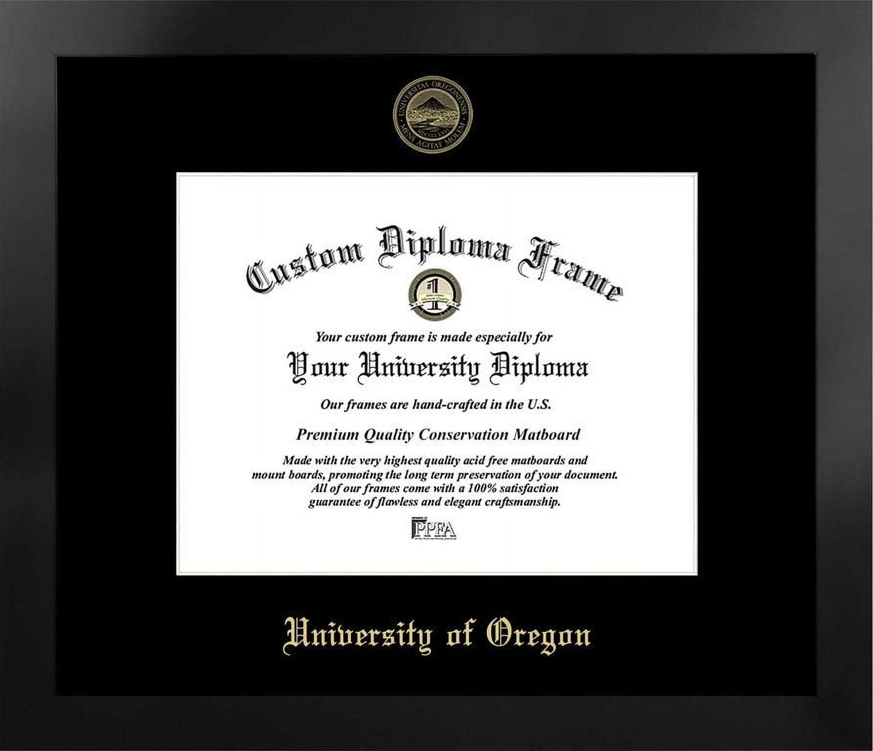 University of Oregon 11w x 8.5h Manhattan Black Single Mat Gold Embossed Diploma Frame with Bonus Campus Images Lithograph (value savings at $59)