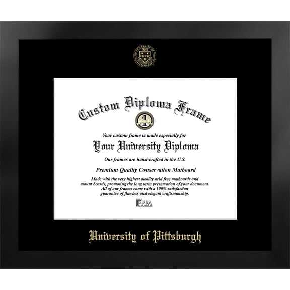 University of Pittsburgh 16w x 12h Manhattan Black Single Mat Gold Embossed Diploma Frame with Bonus Campus Images Lithograph (value savings at $59)