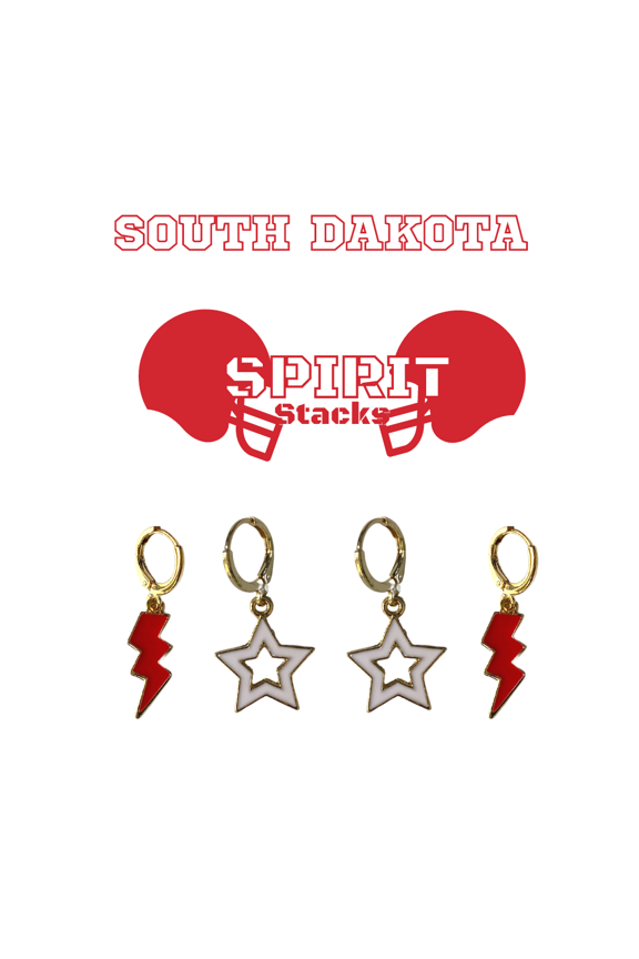 University of South Dakota Spirit Stack red mini enamel bolts and white statement open starboys