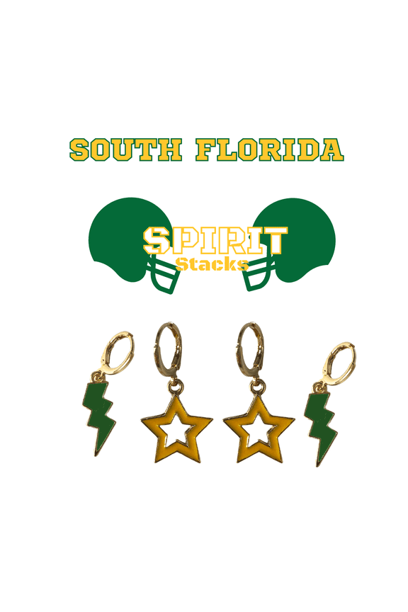 University of South Florida Spirit Stack green mini enamel bolts and golden yellow statement open starboys