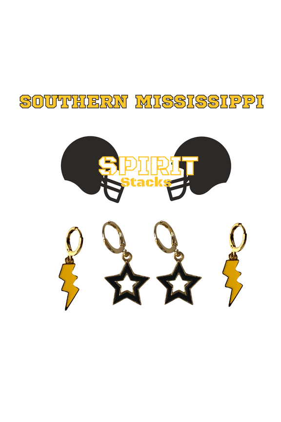 University of Southern Mississippi Spirit Stack golden yellow mini enamel bolts and black statement open starboys