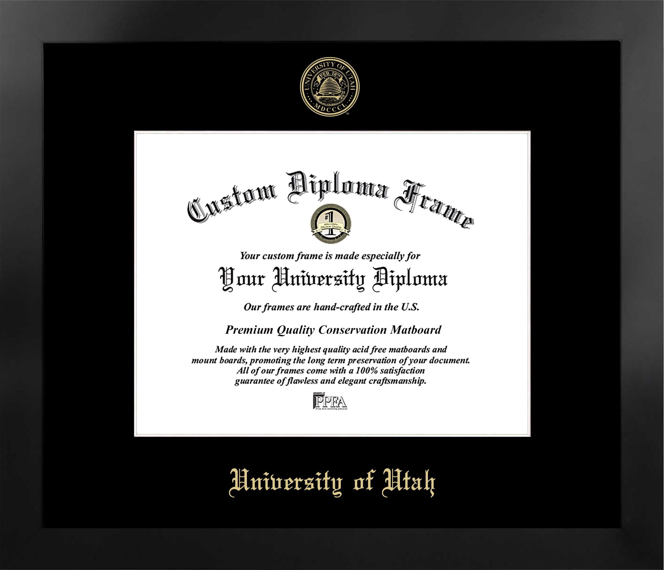University of Utah 11w x 8.5h Manhattan Black Single Mat Gold Embossed Diploma Frame with Bonus Campus Images Lithograph (value savings at $59)