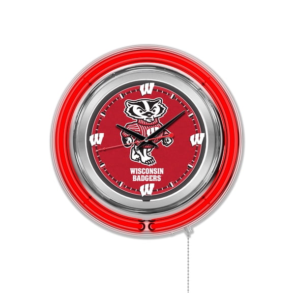 Holland Bar Stool Wisconsin "Badger" Double Neon Ring, 15" dia. Logo Clock