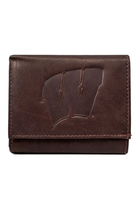 University of Wisconsin Badgers Distressed Look Embossed Logo Dark Brown Leather Trifold Wallet