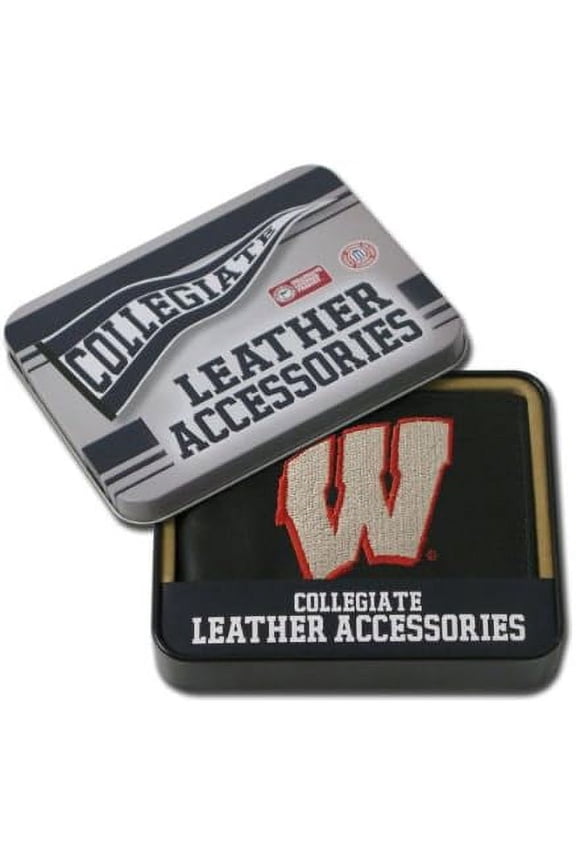 University of Wisconsin NCAA Badgers Embroidered Team Logo Black Leather Passcase Bifold Wallet