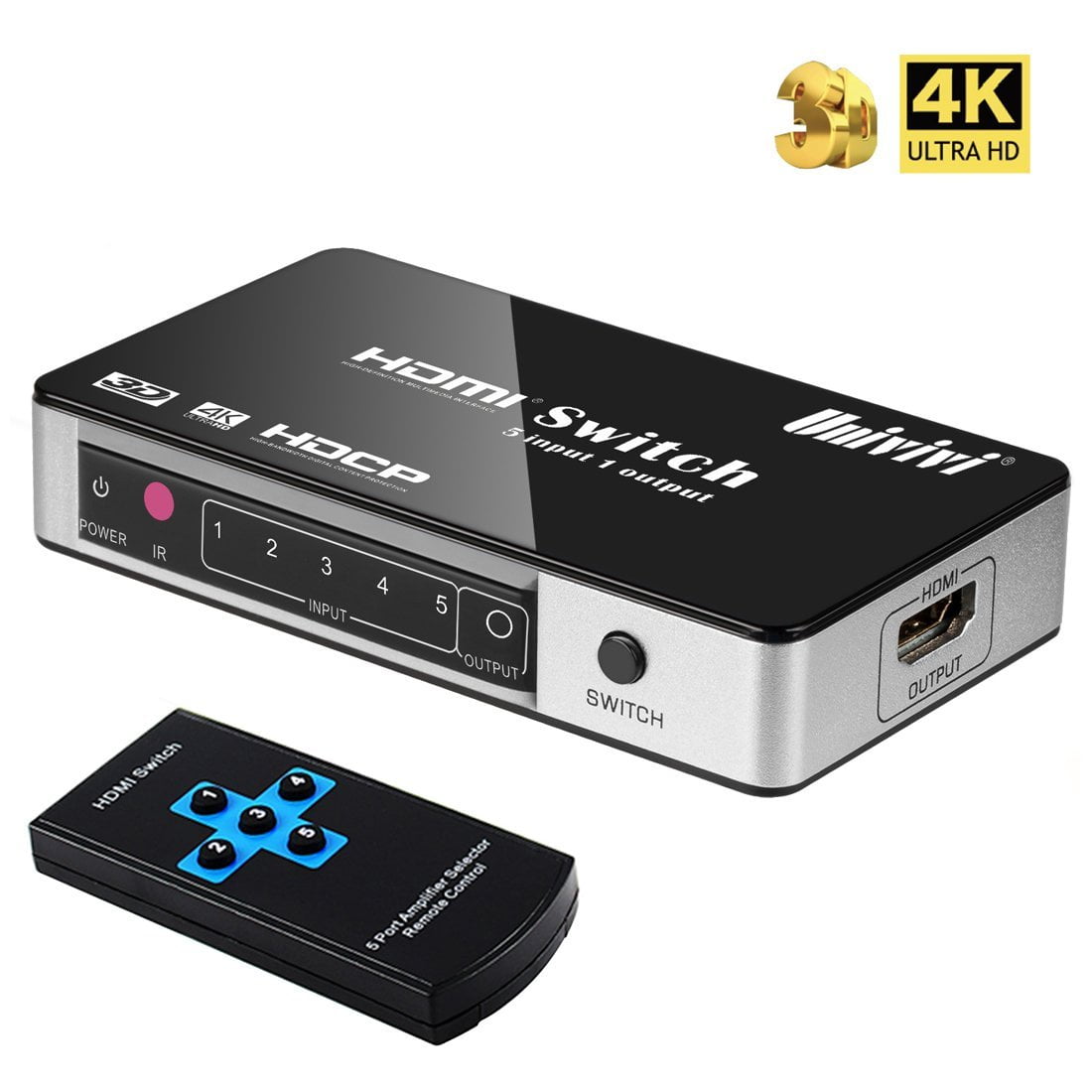 Univivi HDMI Switch 4K 5 Port 5x1 HDMI Switcher Splitter Box Support 4Kx2K  Ultra HD 3D With Remote Control and Power Adapter 