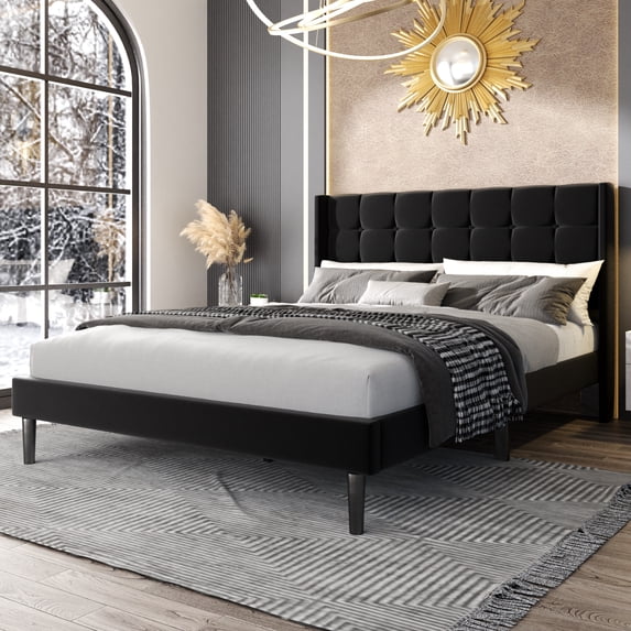 Unizone Full Size Bed Frame with Upholstered Headboard and Wingback, Modern Platform Bed Frame, No Box Spring Needed, Easy Assembly, Noise Free, Black Velvet