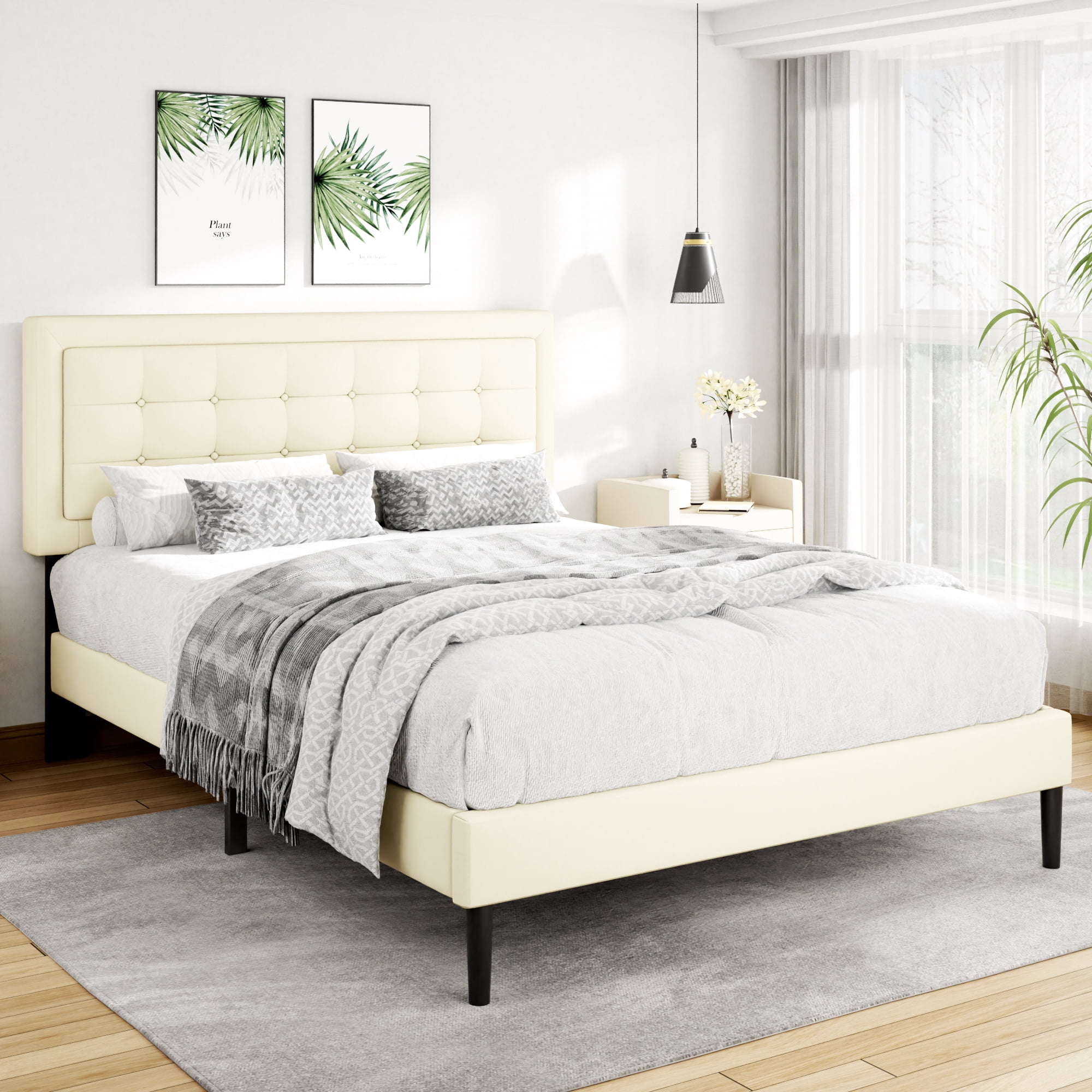 Unizone Full Size Bed Frame with Velvet Upholstered Headboard, Button Tufted Design,Wood Slats Support, No Box Spring Needed, Noise Free, Easy Assembly, Beige