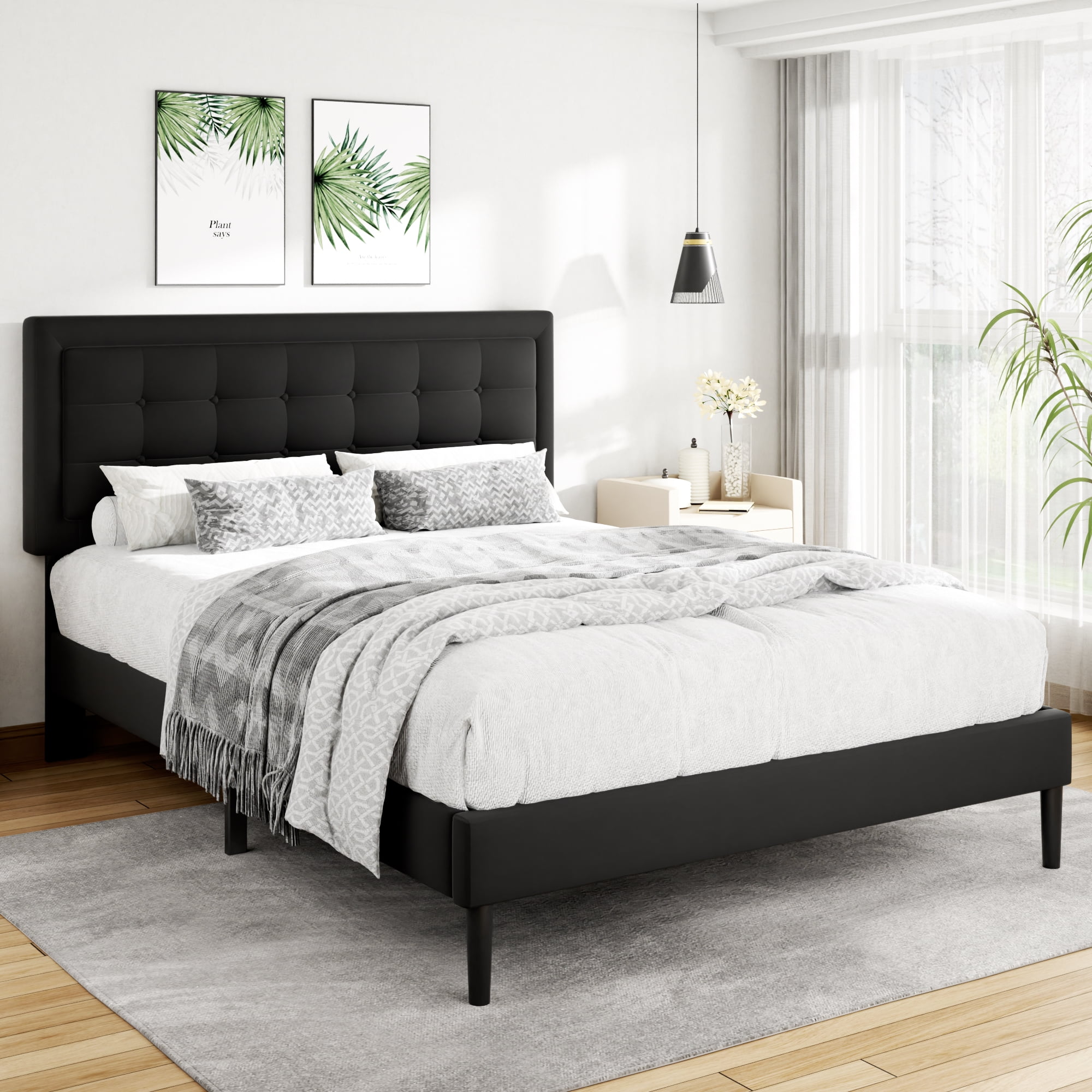 Unizone Full Size Bed Frame with Velvet Upholstered Headboard, Button Tufted Design,Wood Slats Support, No Box Spring Needed, Noise Free, Easy Assembly, Black