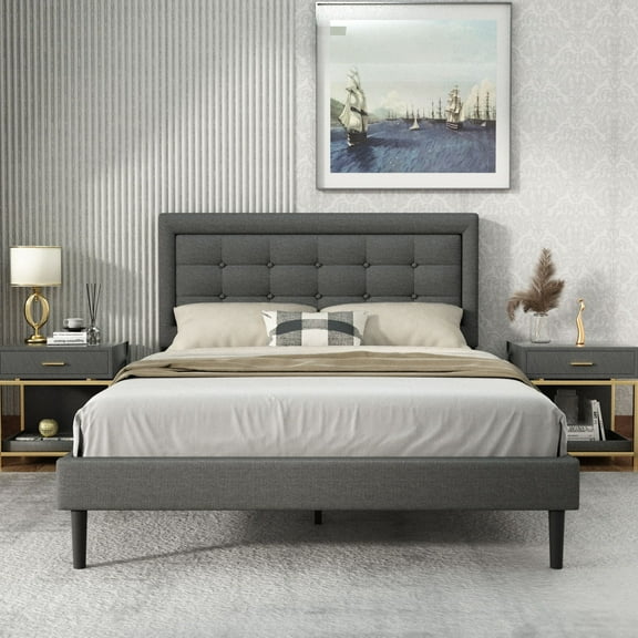 Unizone Full Size Bed Frame with Upholstered Headboard, Modern Tufting Style, Dark Gray