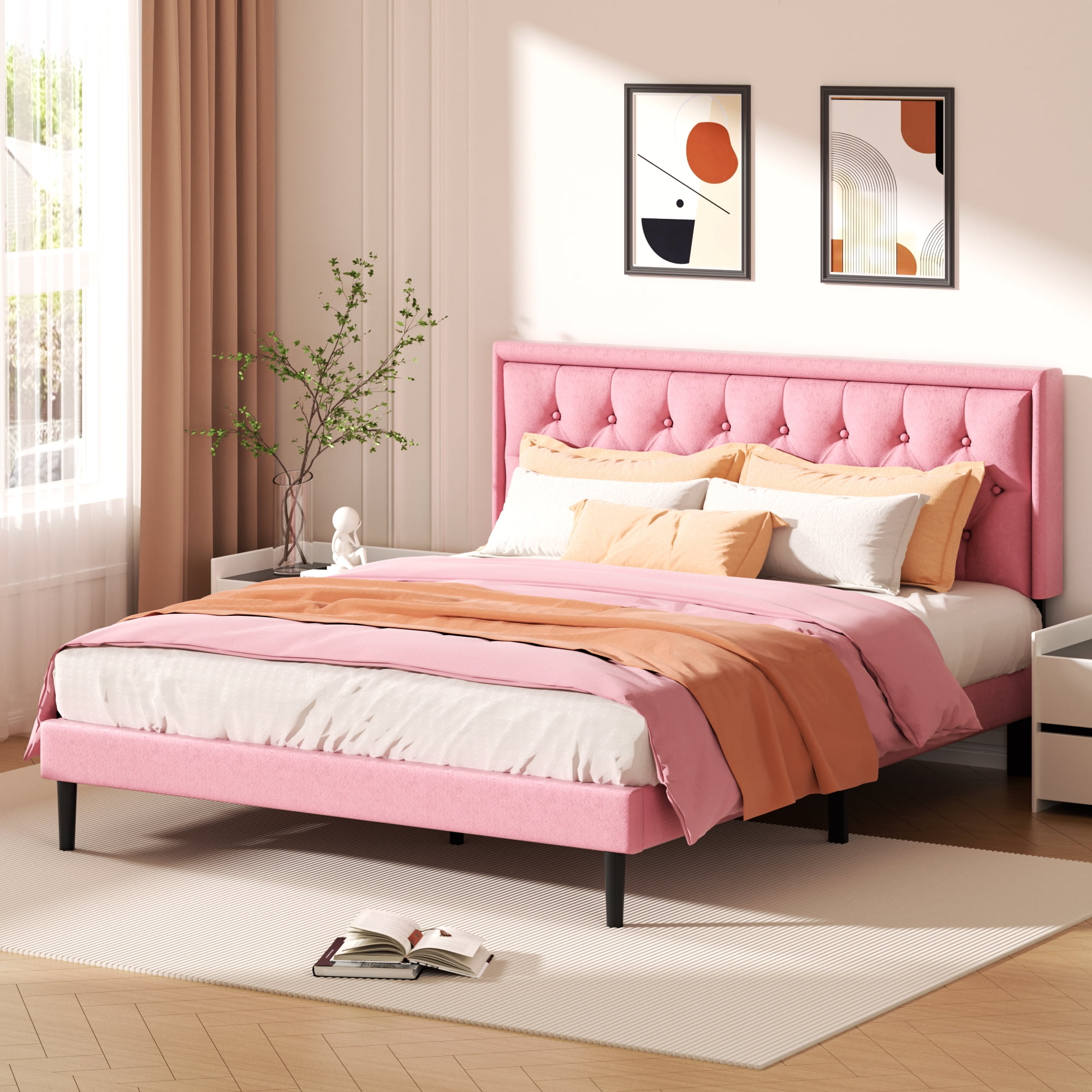 Unizone King Size Bed Frame with Velvet Button Tufted Headboard, Modern Upholstered Platform Bed, No Box Spring Needed, Easy Assembly, Noise Free, Pink
