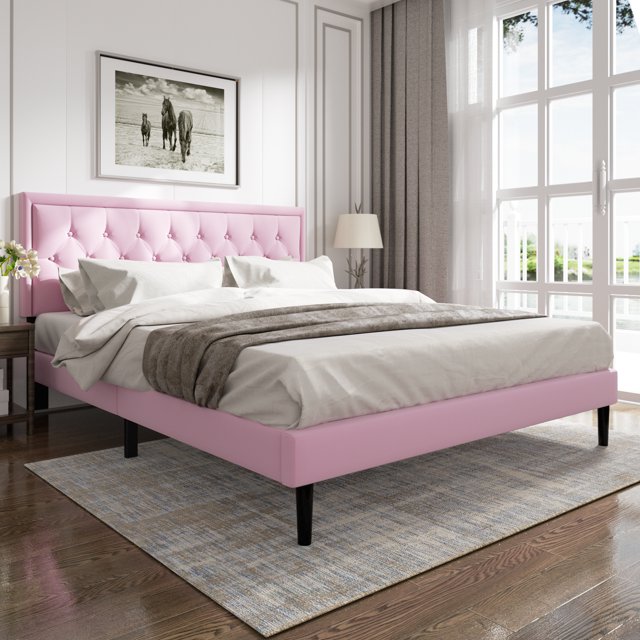 Unizone King Size Bed Frame with Velvet Button Tufted Headboard, Modern