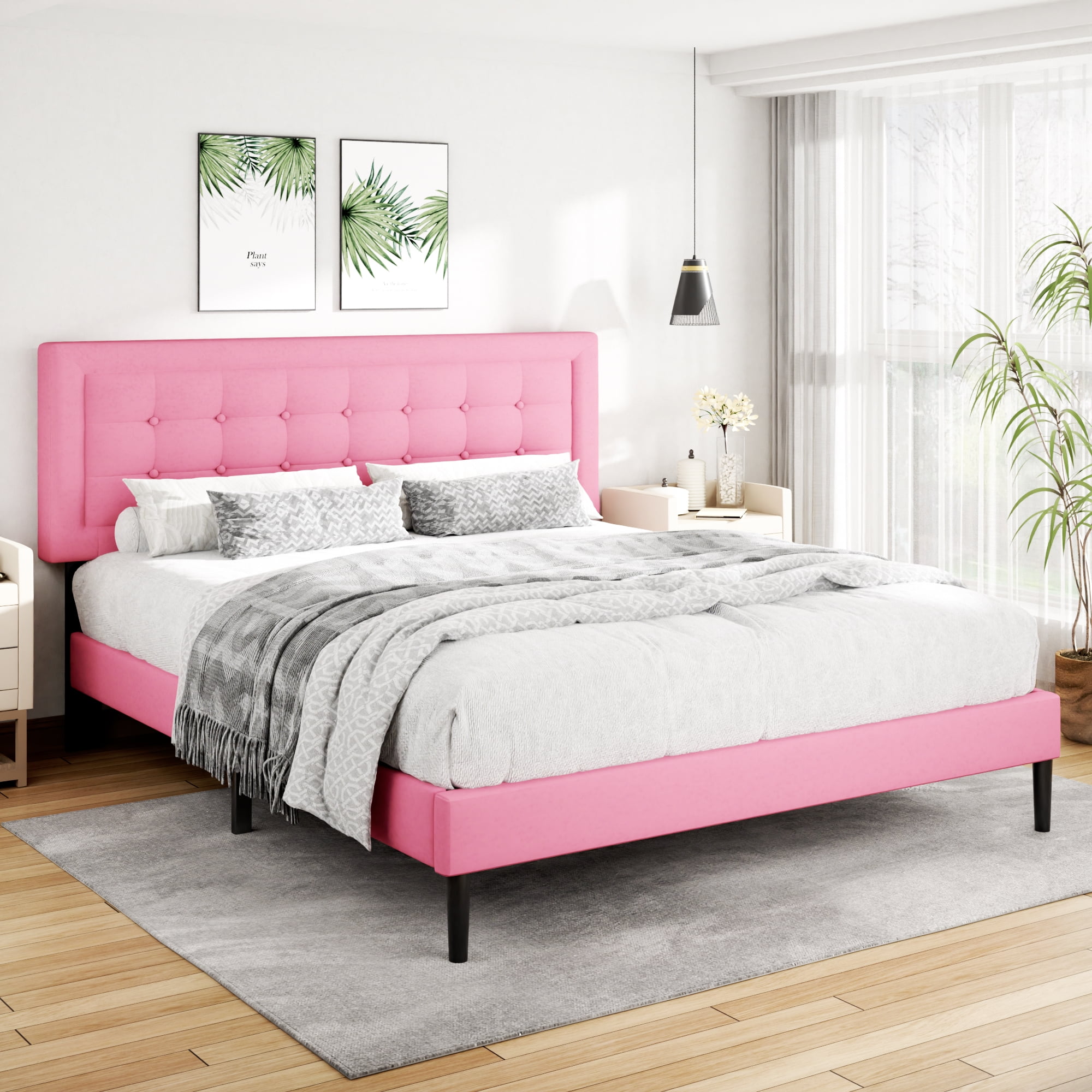 Unizone King Size Bed Frame with Velvet Upholstered Headboard, Button Tufted Design,Wood Slats Support, No Box Spring Needed, Noise Free, Easy Assembly, Pink