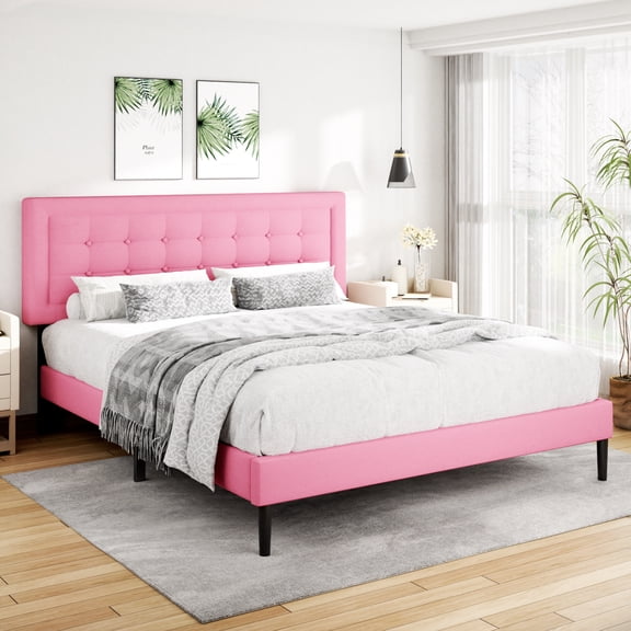 Unizone King Size Bed Frame with Velvet Upholstered Headboard, Button Tufted Design,Wood Slats Support, No Box Spring Needed, Noise Free, Easy Assembly, Pink