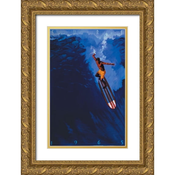 Unknown 10x14 Gold Ornate Wood Framed with Double Matting Museum Art Print Titled - Surf 1965