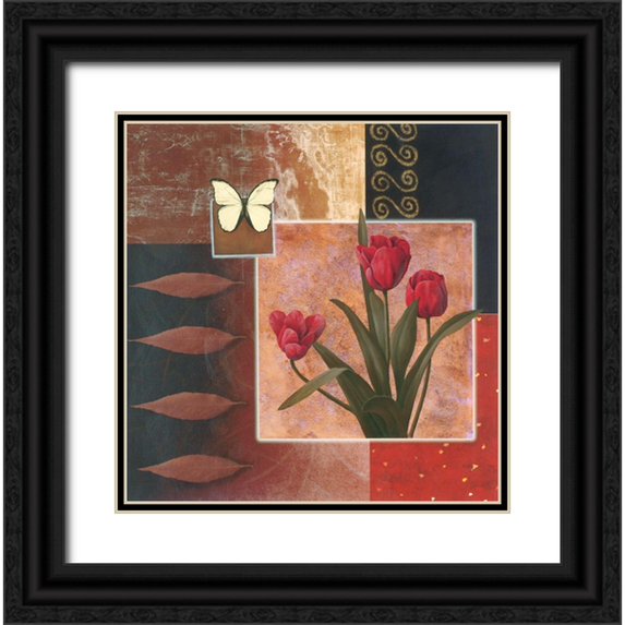 Unknown 12x12 Black Ornate Wood Framed with Double Matting Museum Art Print Titled - Rose with Butterfly Collage