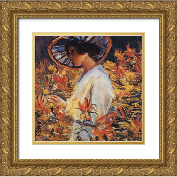 Unknown 12x12 Gold Ornate Wood Framed with Double Matting Museum Art Print Titled - Lady in Flowers