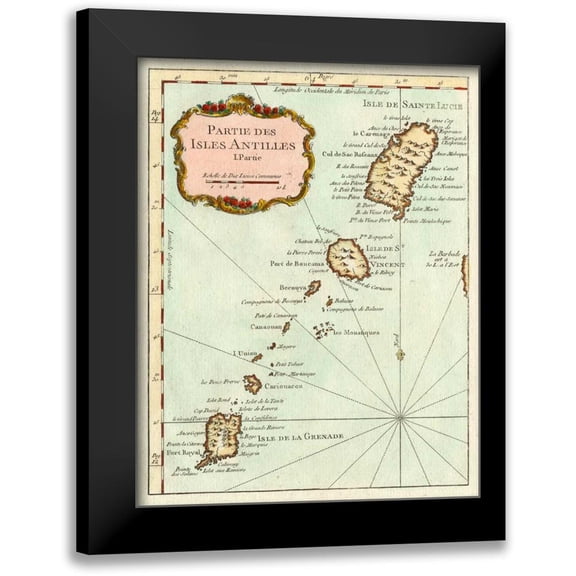 Unknown 12x14 Black Modern Framed Museum Art Print Titled - Petite Map of the Antilles Islands II