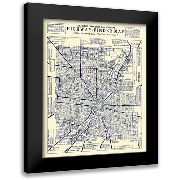 Unknown 12x14 Black Modern Framed Museum Art Print Titled - San Antonio Texas Highway Finder - 1929