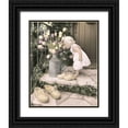 thumbnail image 1 of Unknown 12x14 Black Ornate Wood Framed with Double Matting Museum Art Print Titled - Girl and Tulips, 1 of 4