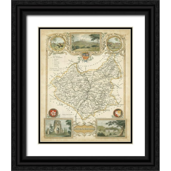Unknown 12x14 Black Ornate Wood Framed with Double Matting Museum Art Print Titled - Map of Leicestershire