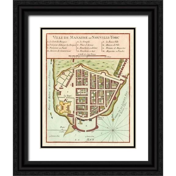 Unknown 12x14 Black Ornate Wood Framed with Double Matting Museum Art Print Titled - Petite Map of Manhattan, New York