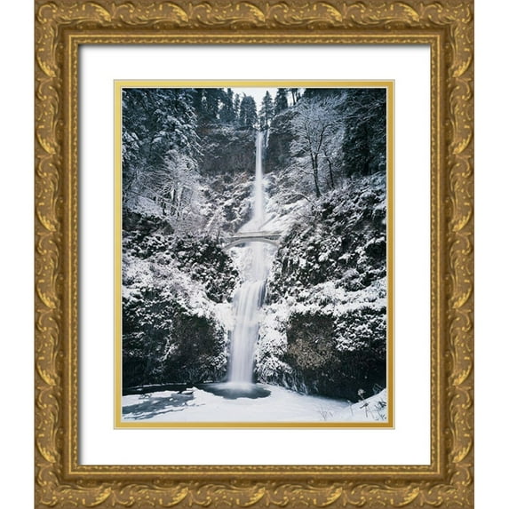Unknown 12x14 Gold Ornate Wood Framed with Double Matting Museum Art Print Titled - Frozen Bridge on Waterfall