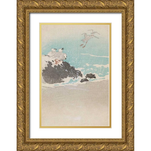 Unknown 13x18 Gold Ornate Wood Framed with Double Matting Museum Art Print Titled - Plovers over waves