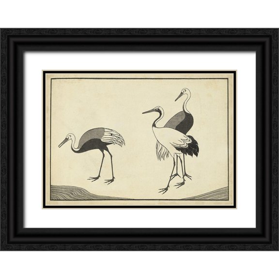 Unknown 14x11 Black Ornate Wood Framed with Double Matting Museum Art Print Titled - Japanese Cranes B