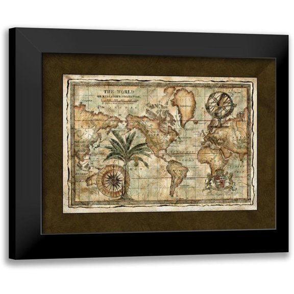 Unknown 14x12 Black Modern Framed Museum Art Print Titled - World Map with Globe
