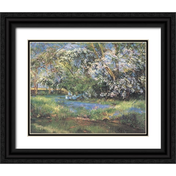 Unknown 14x12 Black Ornate Wood Framed with Double Matting Museum Art Print Titled - Lunch by the Brook