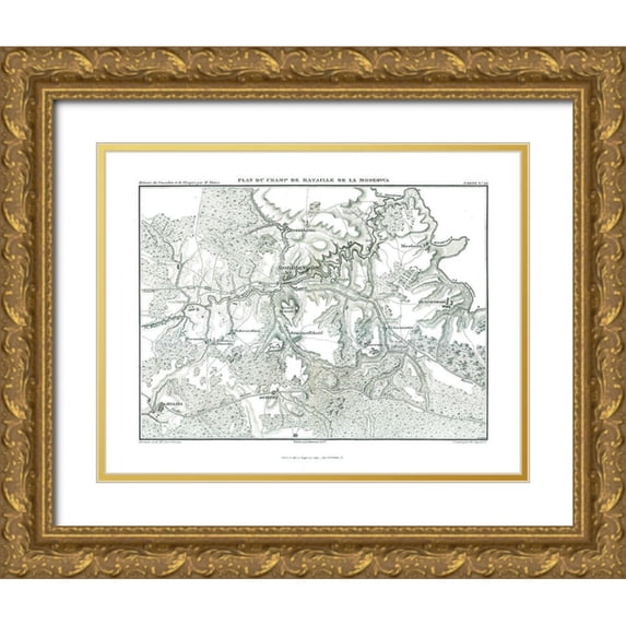 Unknown 14x12 Gold Ornate Wood Framed with Double Matting Museum Art Print Titled - Battle of Borodino Field Plan - Thiers 1866
