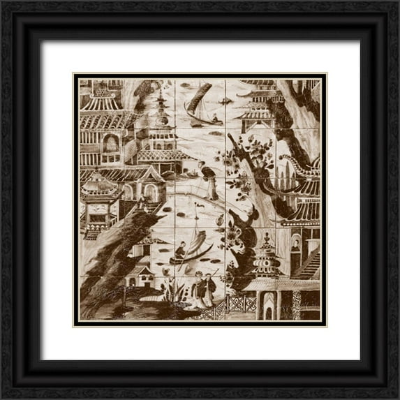 Unknown 15x15 Black Ornate Wood Framed with Double Matting Museum Art Print Titled - Sepia Delft Tiles II