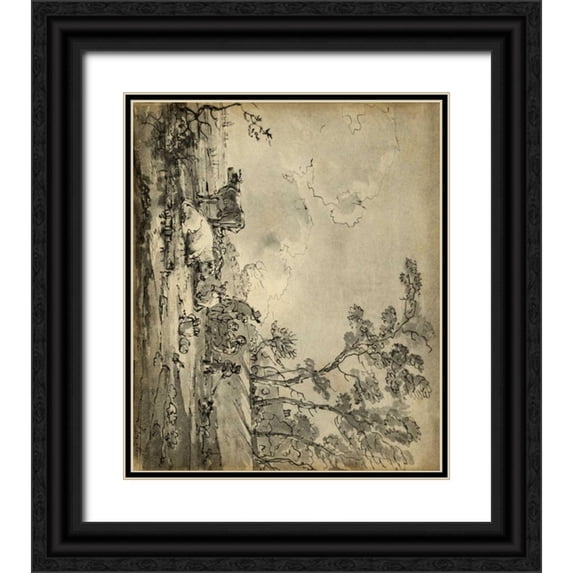 Unknown 15x17 Black Ornate Wood Framed with Double Matting Museum Art Print Titled - Pastoral Etching II
