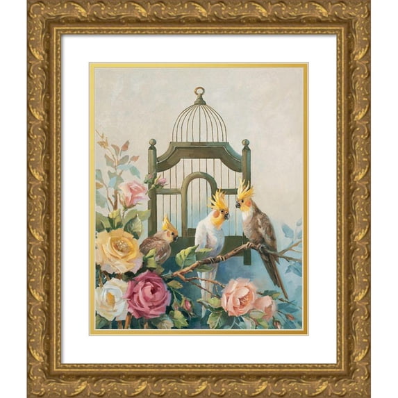 Unknown 15x18 Gold Ornate Wood Framed with Double Matting Museum Art Print Titled - Three Cockatiels