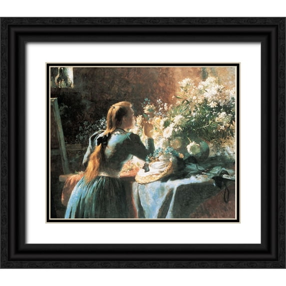 Unknown 17x15 Black Ornate Wood Framed with Double Matting Museum Art Print Titled - Smell the Flowers