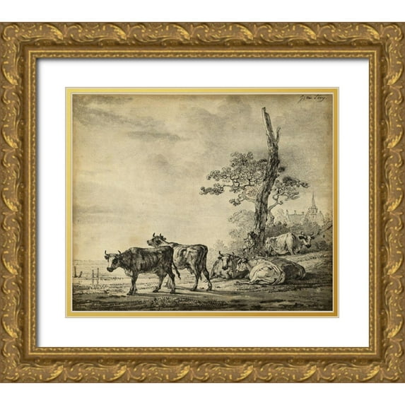 Unknown 17x15 Gold Ornate Wood Framed with Double Matting Museum Art Print Titled - Pastoral Etching I